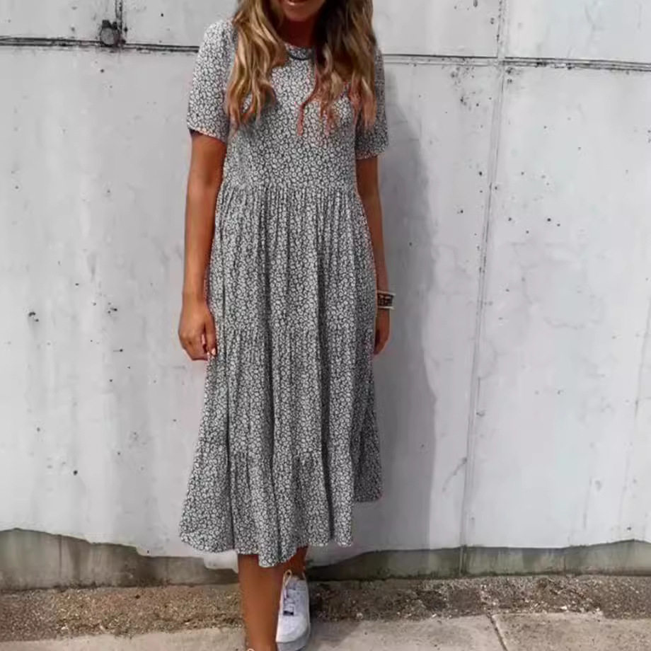 Floral Print Short Sleeve Dress Round Neck Summer Style Casual Wear Wholesale Available low MOQ