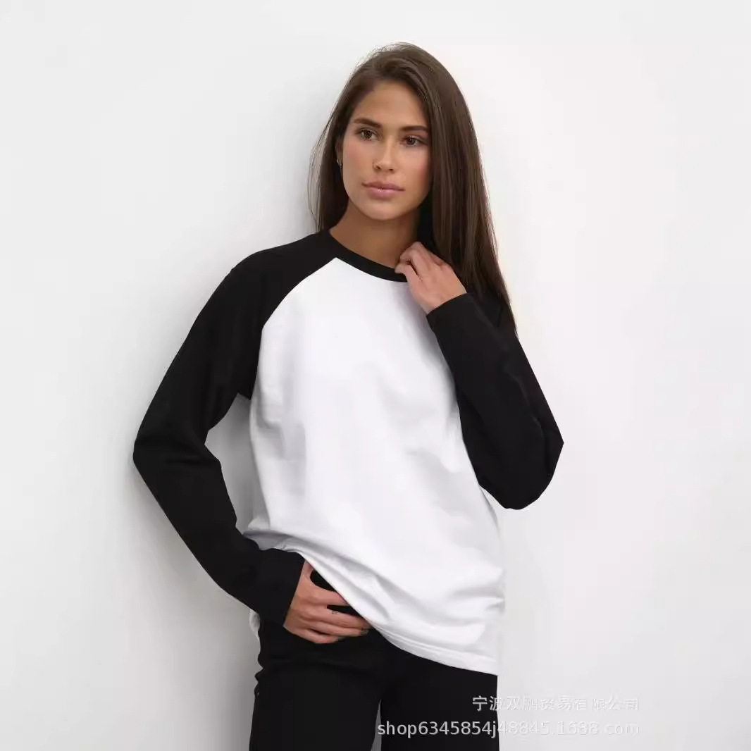 Womens Color Block Long Sleeve T Shirt Casual Loose Fit Round Neck Cotton Fabric Spring and Autumn Essential