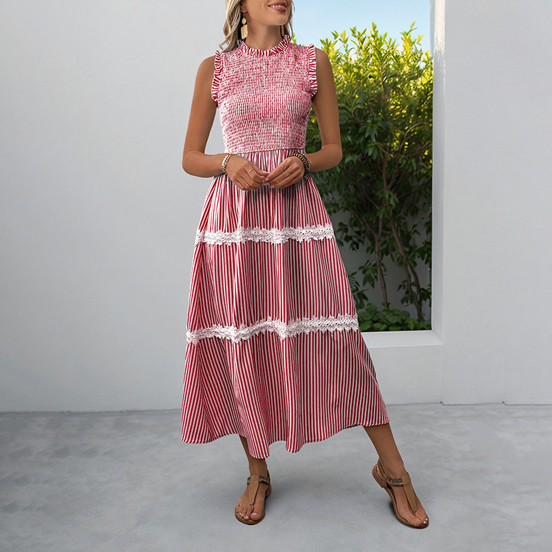 Summer Sleeveless Dress Sweet Lace Trim Striped Pattern Casual Style Perfect for Warm Weather Occasions Wholesale
