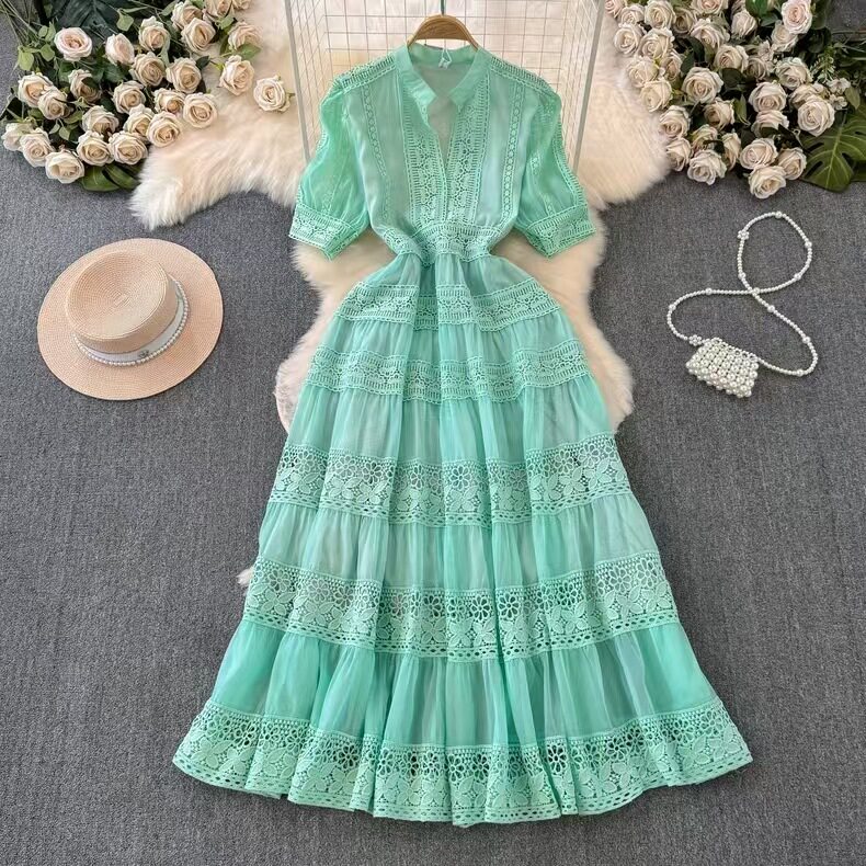 French Elegant Lace Patchwork Dress Summer Long Dress with Puff Sleeves Vacation Wear for Women OEM Available