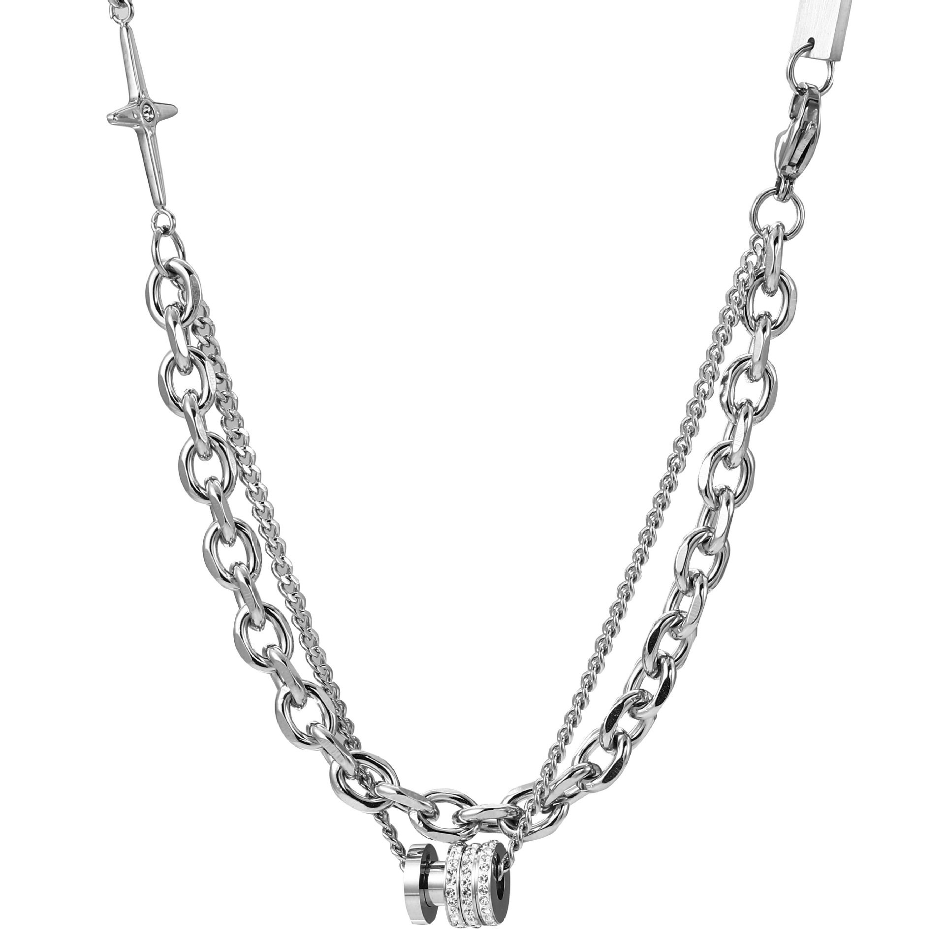 Niche design high-grade women's cool titanium steel necklace men's fashionable stacked diamond-embedded double-layer small waist couple lucky pendant