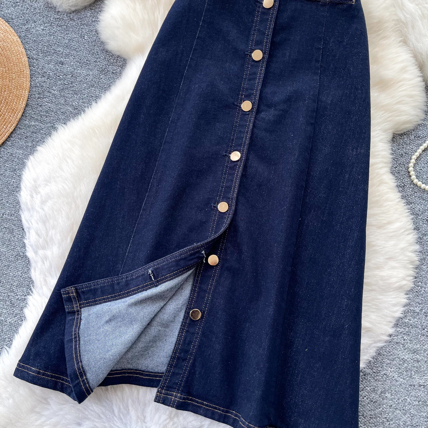 High Waisted A Line Denim Skirt Multi Button Design Side Slit Slim Fit Summer Casual Wear Wholesale Available