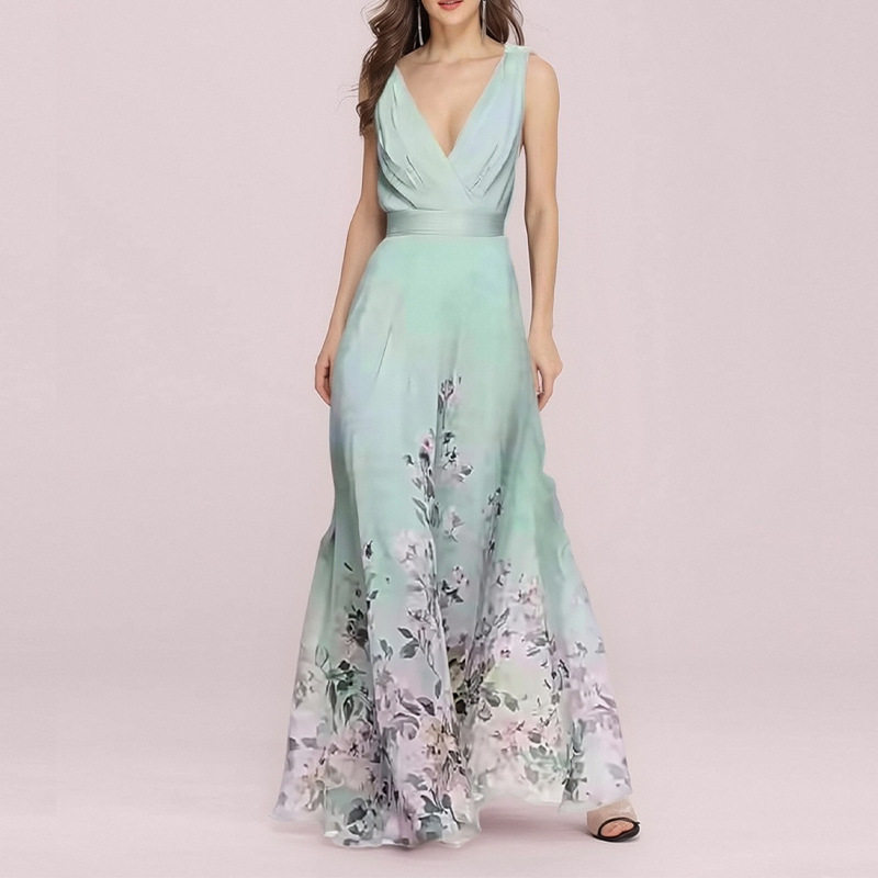 Elegant Floral V Neck Maxi Dress Summer Collection Waist Defined Comfortable Fabric Perfect for Casual or Formal