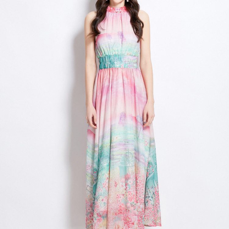 Summer Vacation Off Shoulder Dress Tie Waist Lantern Sleeves Floral Print Chiffon Fabric Perfect for Beach Parties