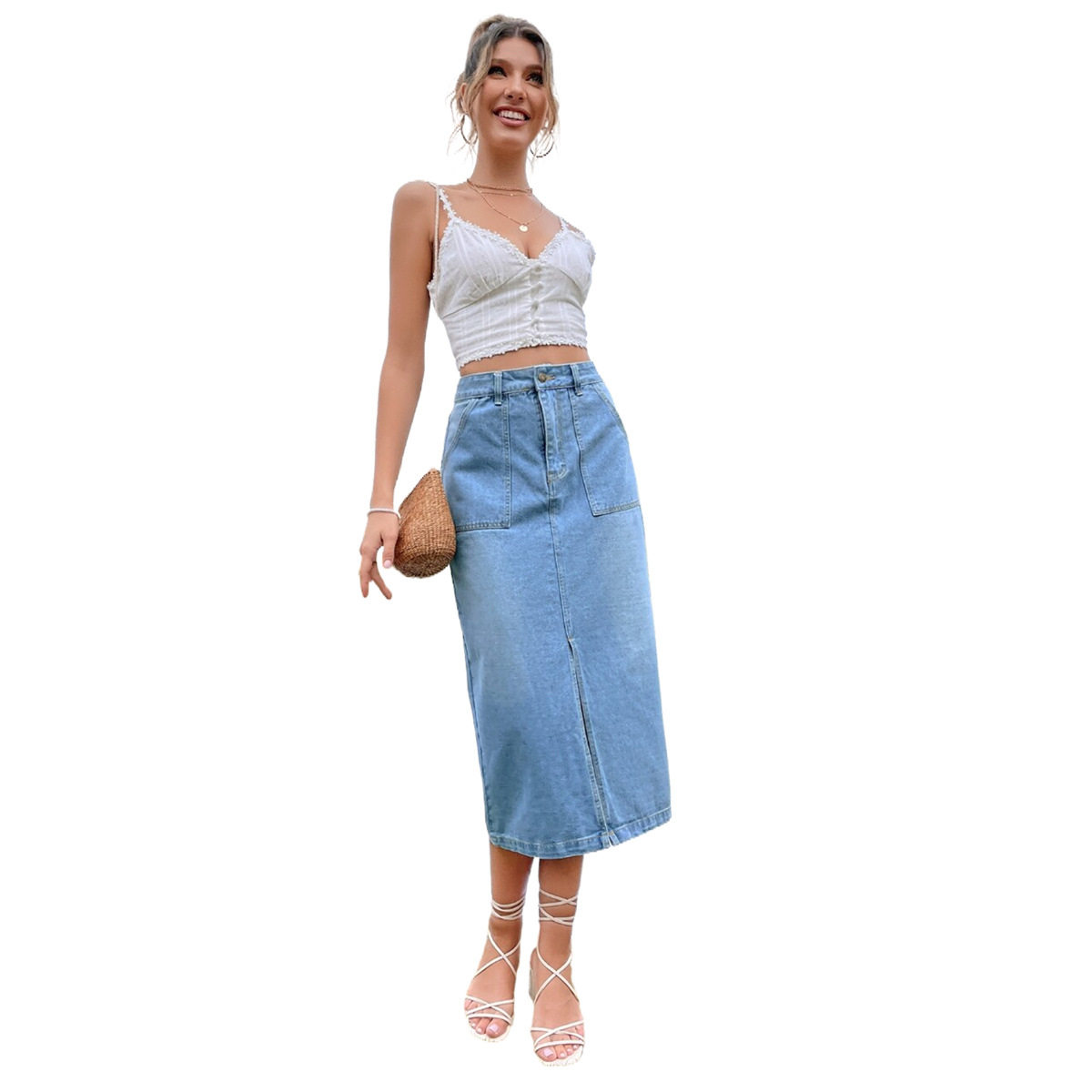 A Line Split Hem Denim Skirt Elegant Design High Waist Comfortable Fit Casual Wear Spring Summer Wholesale