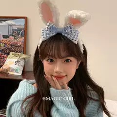 Cute Pink Plush Bunny Ear Headband with Bow Hair Accessory Women's Lolita Hairband for Washing Face