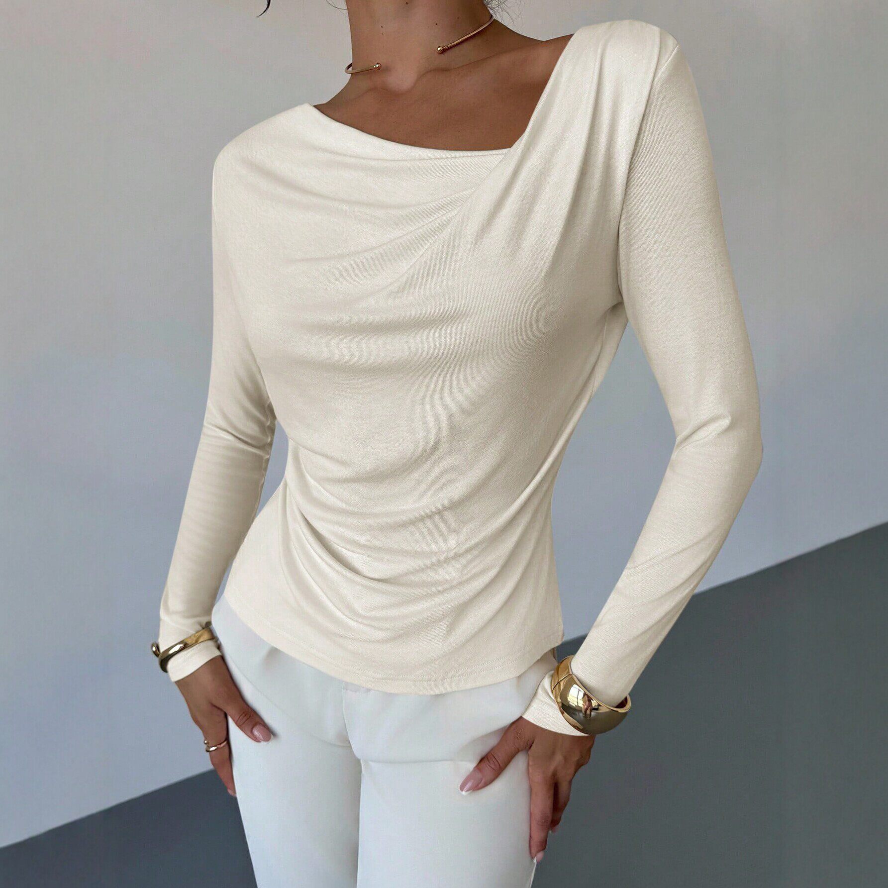 Womens Long Sleeve Asymmetrical Neck Pleated Top Slim Fit Elegant Style Soft Fabric Perfect for Office Wear