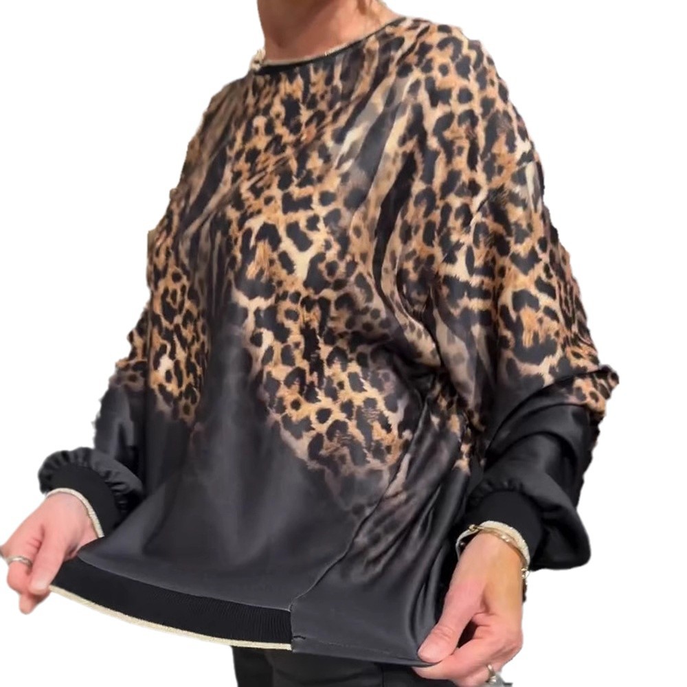 Womens Loose Fit Color Block Long Sleeve Top Leopard Print Round Neck Autumn Winter Style Wholesale Available
