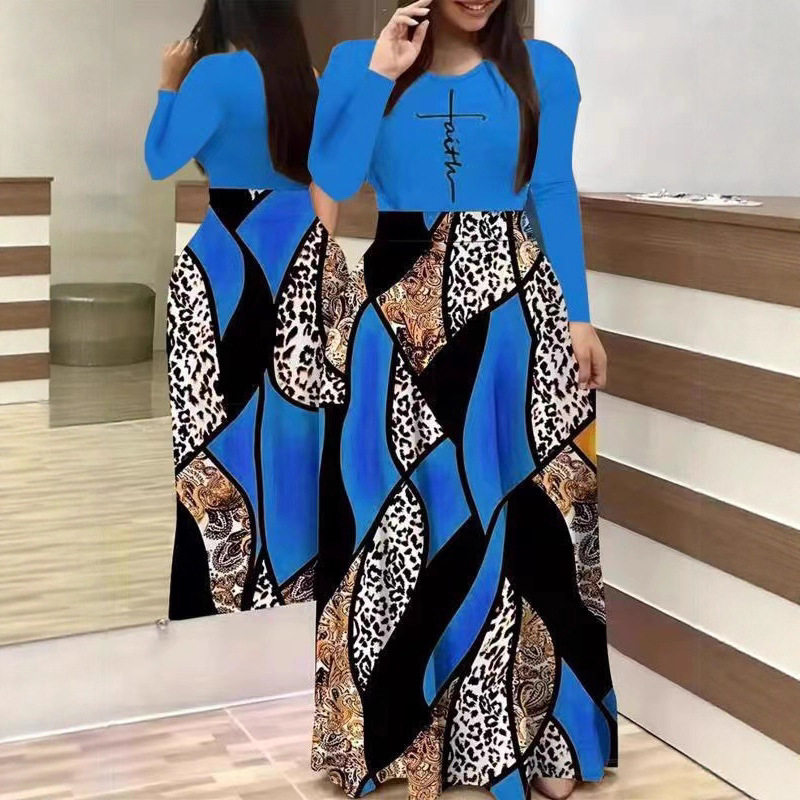 Casual Long Sleeve Maxi Dress 200g Fabric Floral Print Round Neck Perfect for Spring and Summer Wholesale Available