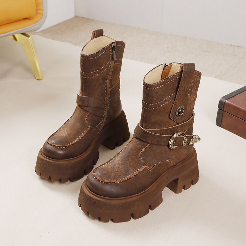 Boot Martin nữ cổ ngắn da bò thật khóa kim loại đế dày