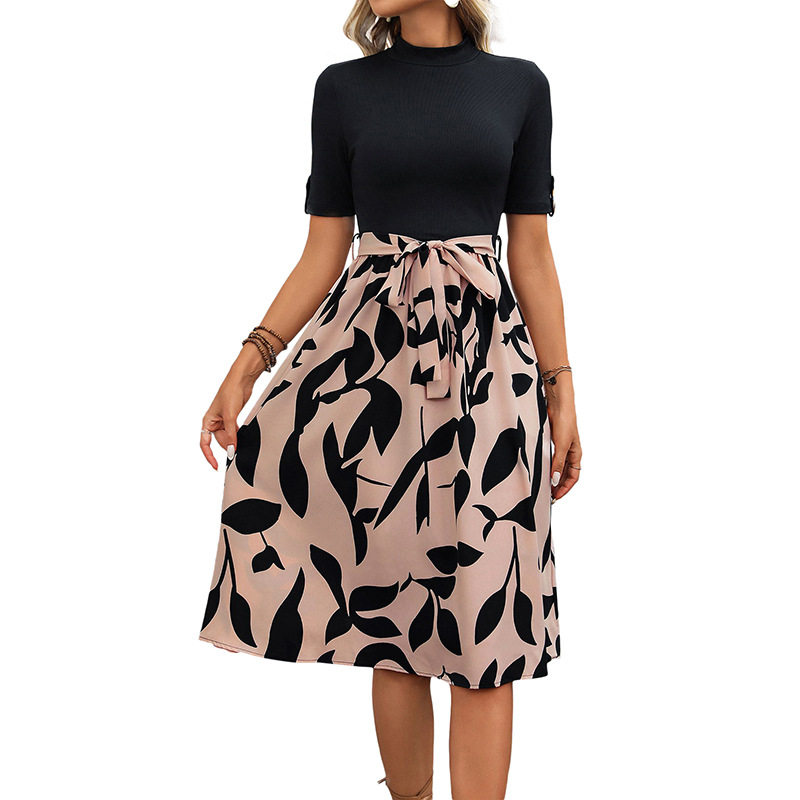 Elegant Summer Dress Color Block Design Half High Neck Comfortable Fabric Perfect for Office Wear Wholesale