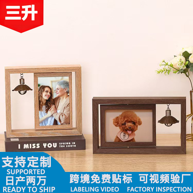 Creative 6inch 7inch Double-Sided Rotating Office Desk DIY Photo Table Gift Commemorative Wooden Photo Frame