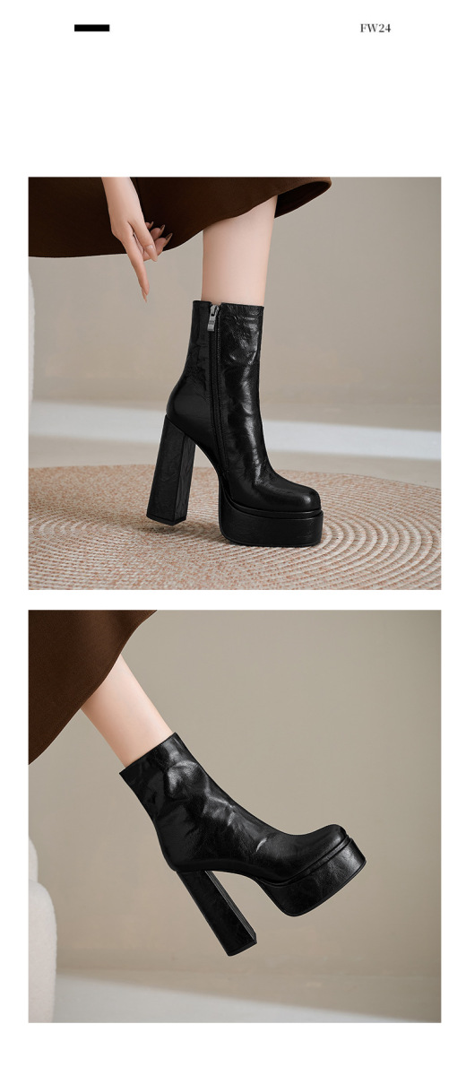 Boot nữ cổ ngắn gót thô siêu cao 13.5cm da cừu mũi tròn có khóa kéo bên hông — Lớp lót đơn màu đen, Lót đơn màu trắng kem, Lót nhung đen, Lót nhung màu be
