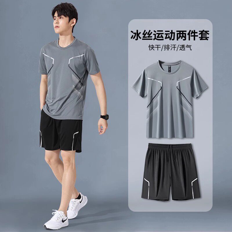跨境运动服套装男跑步短袖冰丝夏季速干衣篮球服羽毛健身衣服短裤