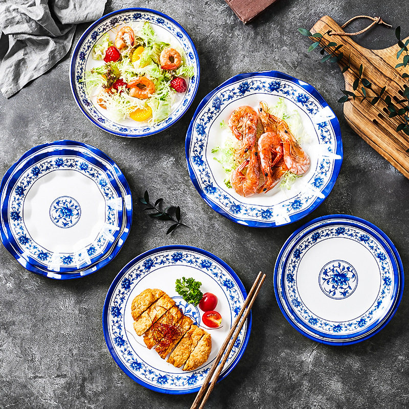 Melamine blue and white round deep plate shallow plate Hotel Hotel commercial imitation porcelain plastic plate stir-fry plate lotus plate