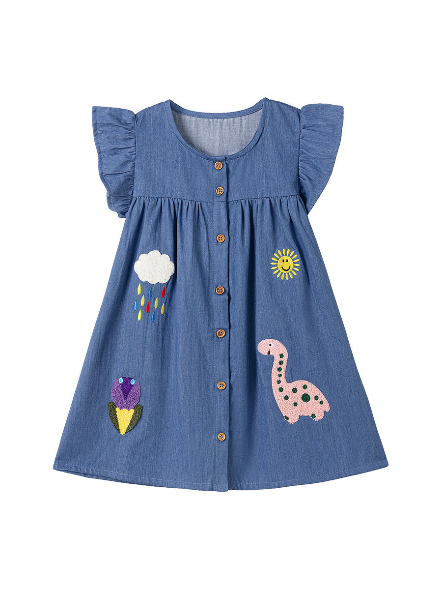 Custom-made Girls' Short-sleeve Denim Skirt, Summer Kids' Skirt, Applique Cartoon Fashion Kids' Dress