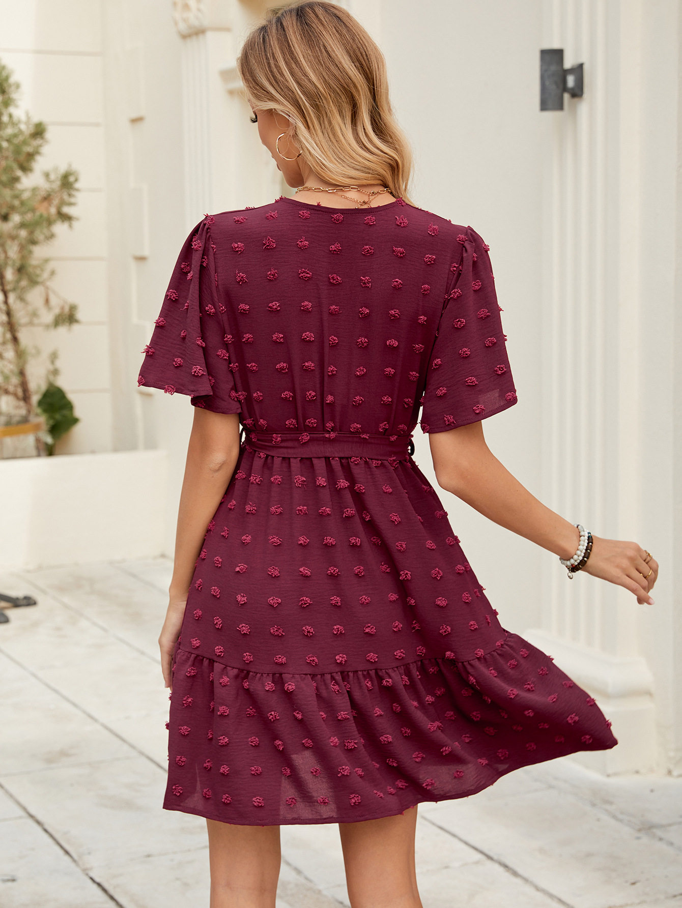 V Neck Ruffled Sleeve Dress Waist Tie Pom Detail Elegant Style Perfect for Parties and Events Ready to Ship