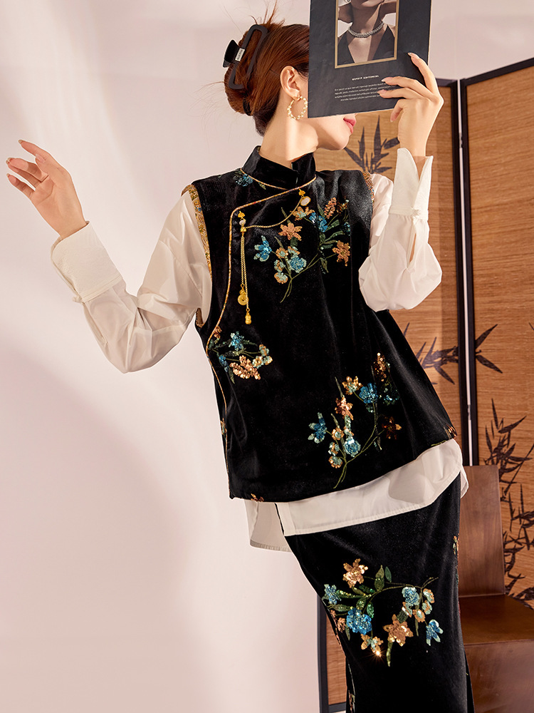 Bộ vest và chân váy dài dáng đuôi cá thêu hoa đính sequin sang trọng — Váy thêu (giao hàng trong 7 ngày), Váy thêu (giao hàng trong ngày), Áo vest thêu (giao hàng trong 7 ngày), Áo vest thêu (giao hàng trong ngày)