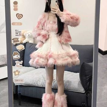 Sweet Girl Versatile Jacket Plush Short Jacket Dress Suit Autumn and Winter Waist Slimming Two-Piece Women's Suit