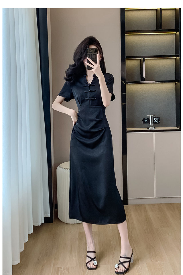 Váy Đầm Nữ Dáng Ôm Chiết Eo Phong Cách Trung Hoa Cổ Điển Màu Đen chi tiết 16