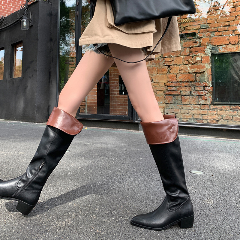 Boot nữ cổ cao quá gối da bò gót thô 5cm mũi nhọn phong cách tối giản — Lớp lót đơn màu đen, Lớp lót đơn màu đỏ neo, Lớp lót nhung đen, Mỏ neo nhung đỏ