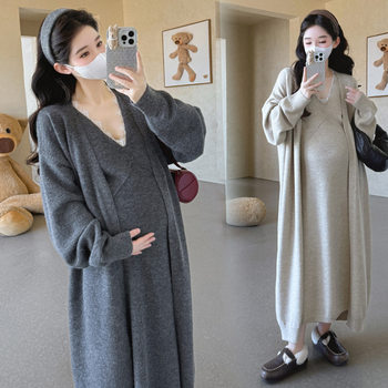 2025 New Autumn and Winter High-End Lazy Long Outwear Lace Splicing V Neck Vest Dress Hot Mom Maternity Suit