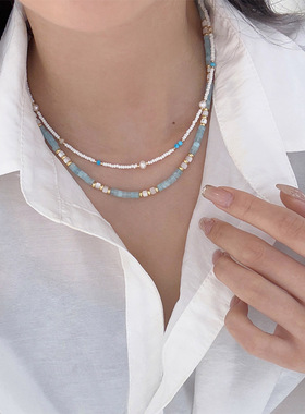 新中式蓝白简约时尚百搭精致小米珠天然石串珠项链轻奢小众锁骨链