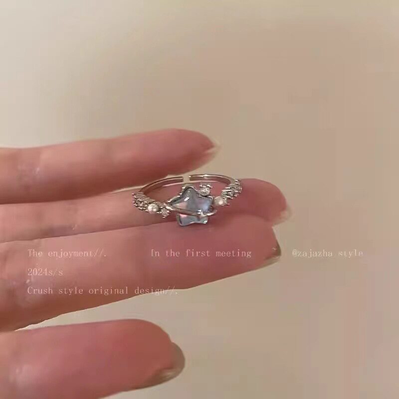 韩国轻奢高级感锆石珍珠戒指女复古小众设计蝴蝶结指环戒开口手饰