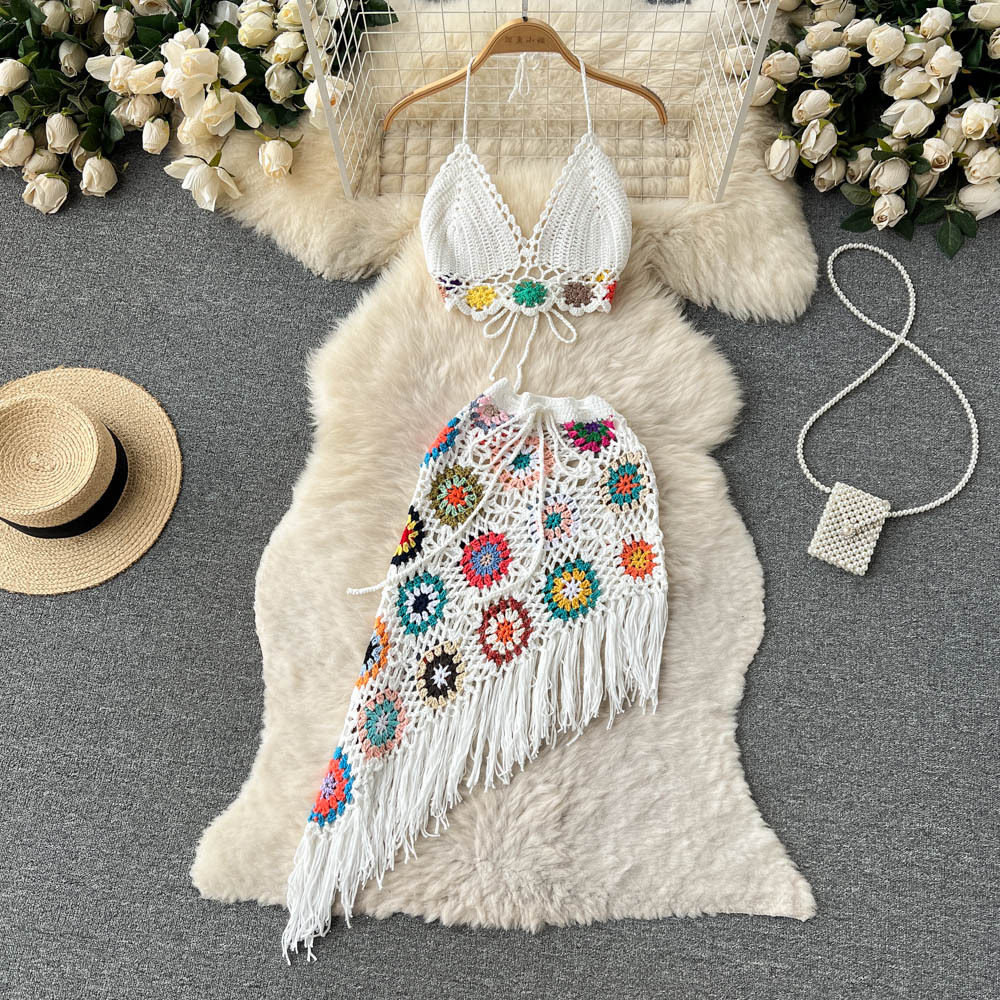 Summer Bohemian Knitted Hollow Crochet Neck V-Neck Tube Top + Irregular Skirt Two-Piece Suit