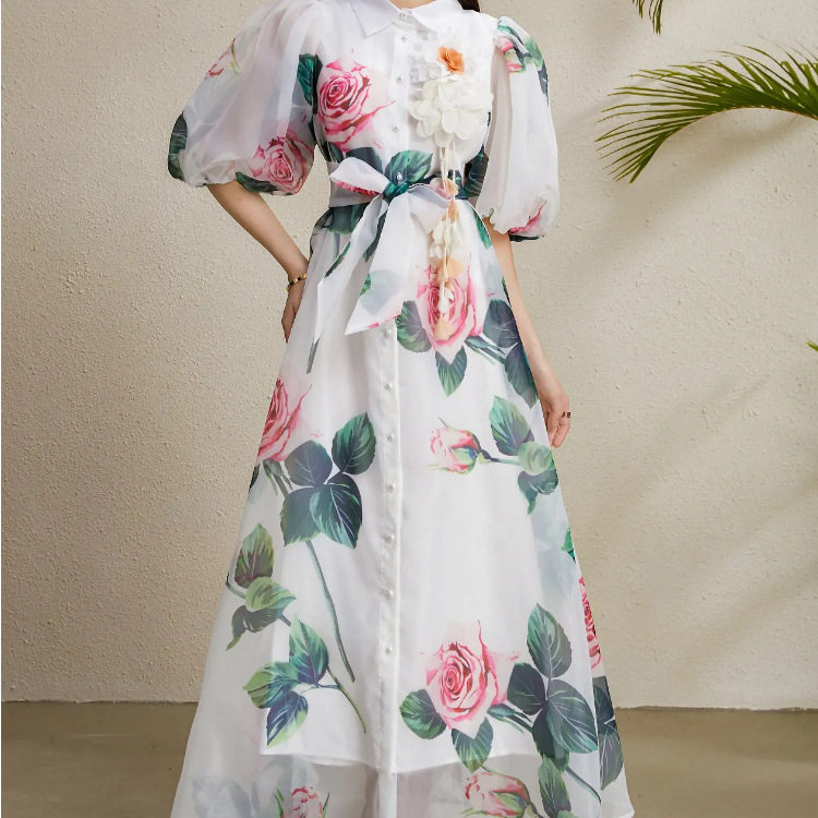 French Style Summer Dress Elegant 3D Floral Design Waist Tie Lantern Sleeves Printed Tulle Perfect for Parties and