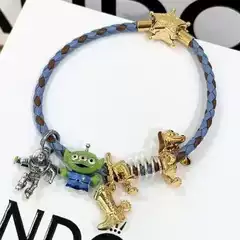 Pandora White Copper Silver-Plated Braided Leather Bracelet with Five-Pointed Star and Blue Stone Leather Cord, Cross-Border Hot-Selling, Dropshipping Available