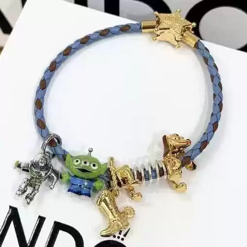 Pandora White Copper Silver-Plated Braided Leather Bracelet with Five-Pointed Star and Blue Stone Leather Cord, Cross-Border Hot-Selling, Dropshipping Available
