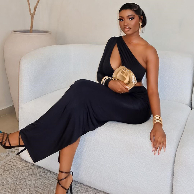 Asymmetrical One Shoulder Dress Hollow Out Bodycon Fit Slit Design Elegant Evening Wear Wholesale Available