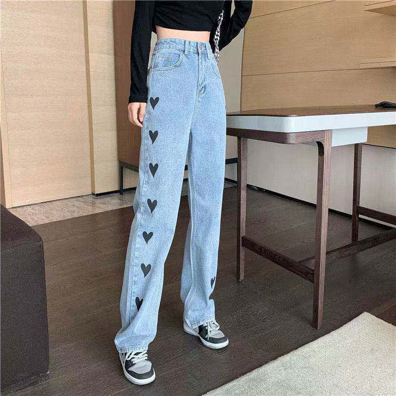 High Waisted Embroidered Heart Denim Pants Slim Fit Loose Wide Leg Casual Style Fall Collection Wholesale Available