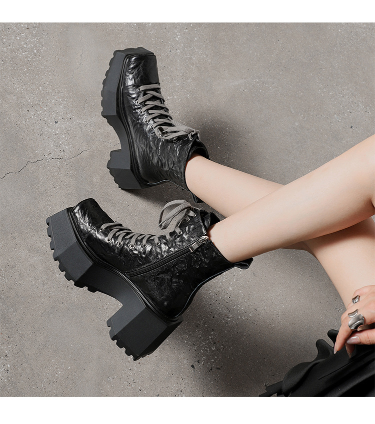 Boot Martin nữ đế dày 9cm mũi vuông gót thô tăng chiều cao — Màu đen lót một lớp, Màu đen lót nhung, Màu nâu lót một lớp, Màu nâu lót nhung