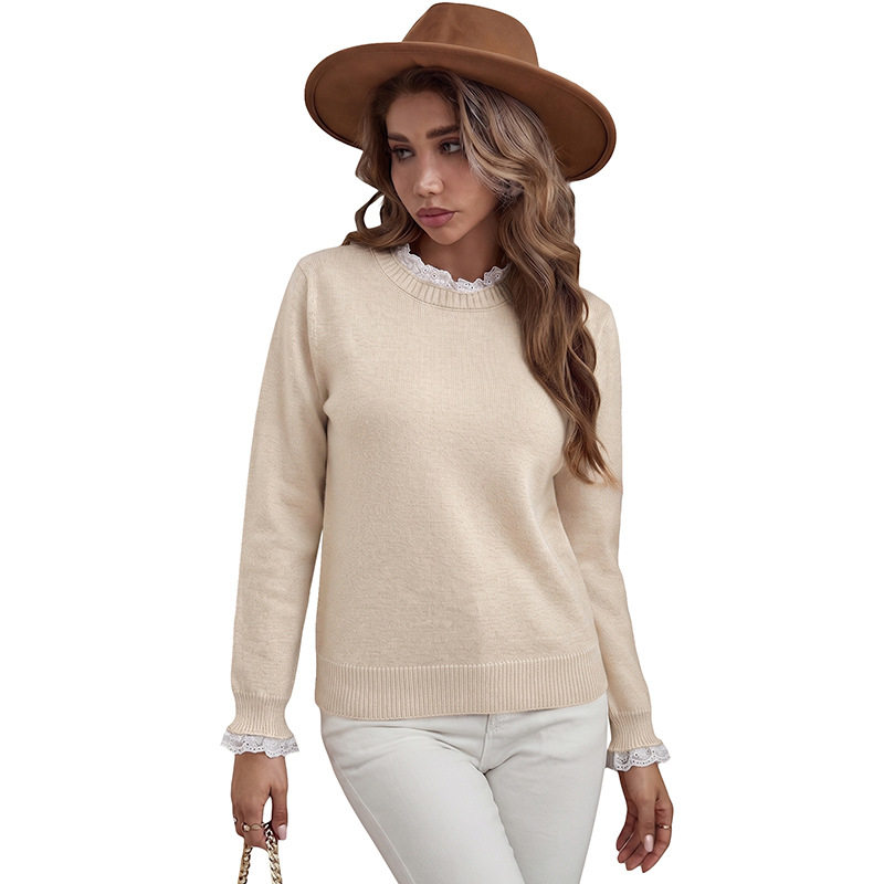 Lace Trimmed Round Neck Sweater French Style Soft Fabric Solid Color Womens Fashion for Spring Fall Wholesale