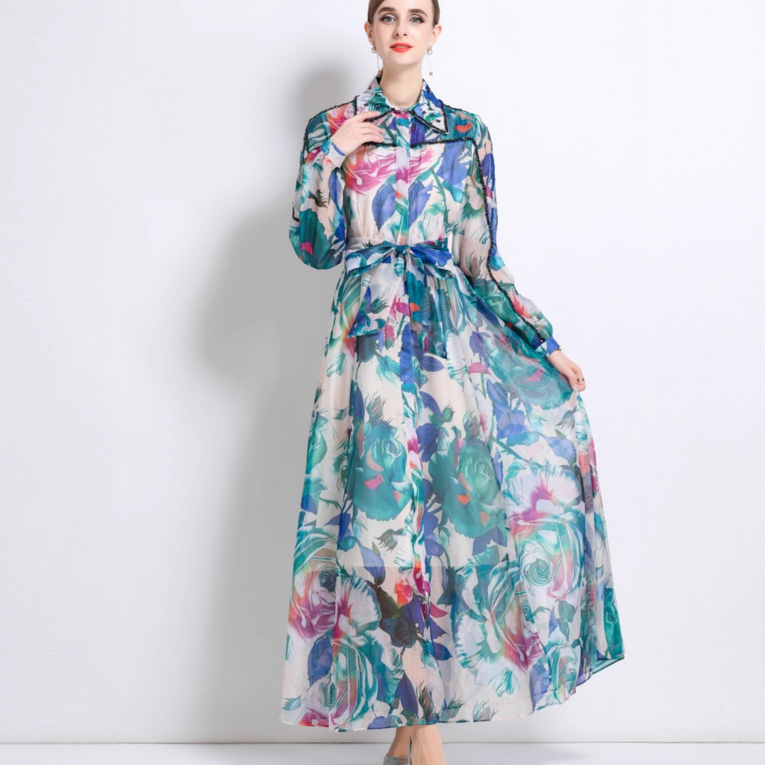 French Style High End Embellished Long Sleeve Printed Dress Elegant Fit Waist Tie Button Closure Autumn Fashion