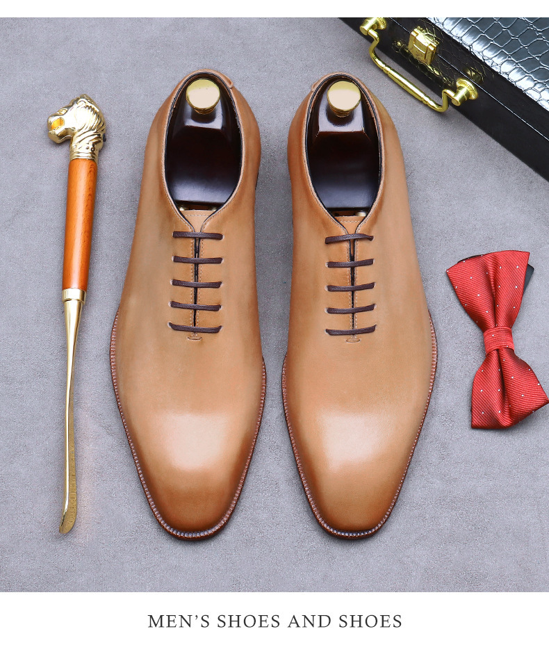 Giày Oxford nam da bò nguyên tấm lót da thật, giày công sở lịch lãm — Màu xanh lục nhạt, Màu vàng đất