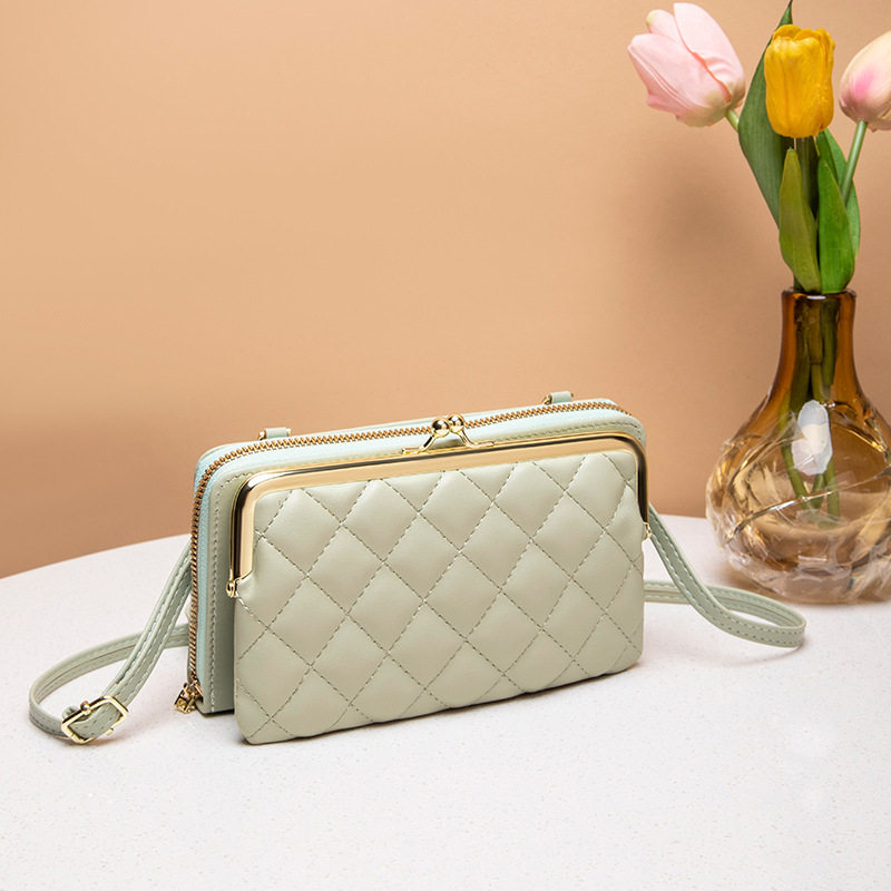 2022 New Women's Long Double Layer Mobile Phone Wallet Clip Lock Diamond Zipper Shoulder Crossbody Bag One Piece