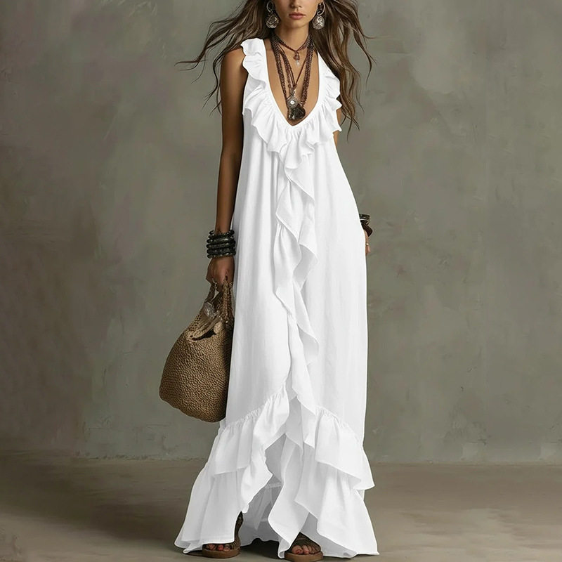 Summer A Line Dress Fashionable Elegant Loose Fit Lace Trim Perfect for Casual Outings or Beach Wear Wholesale