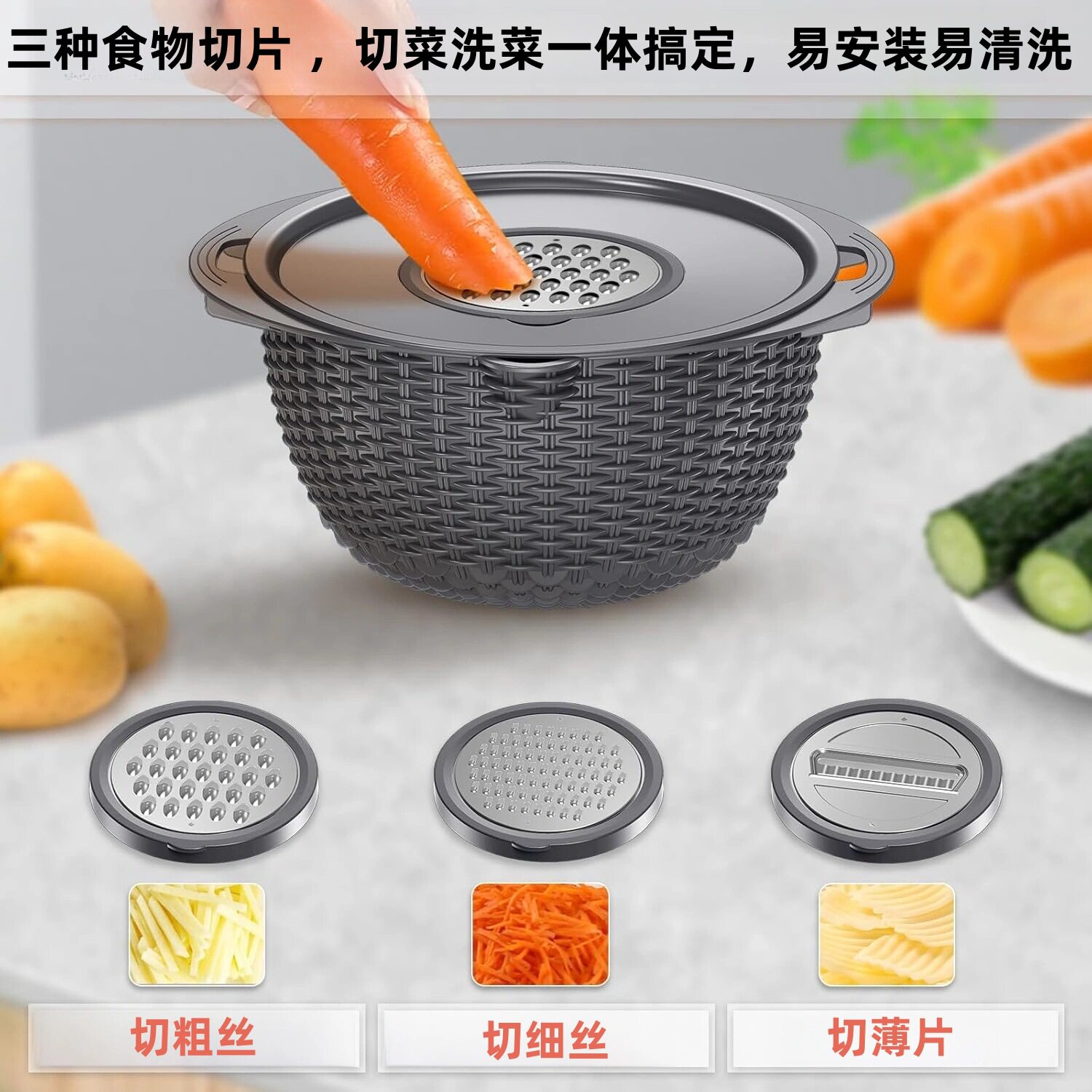 Cross-border Stainless Steel Draining Basket Household Kitchen Multifunctional Double-layer Rotating Shredded Fruit Washing Basket Filter Basin