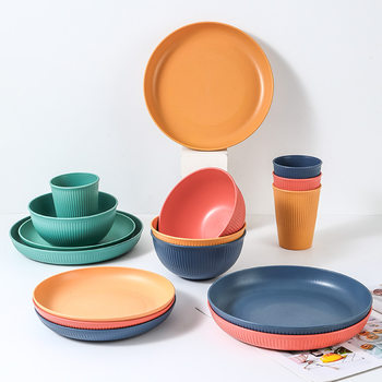 Cross-border wheat straw vertical pattern bowl and cup plate suit household dining plate bowl water Cup tableware suit gift