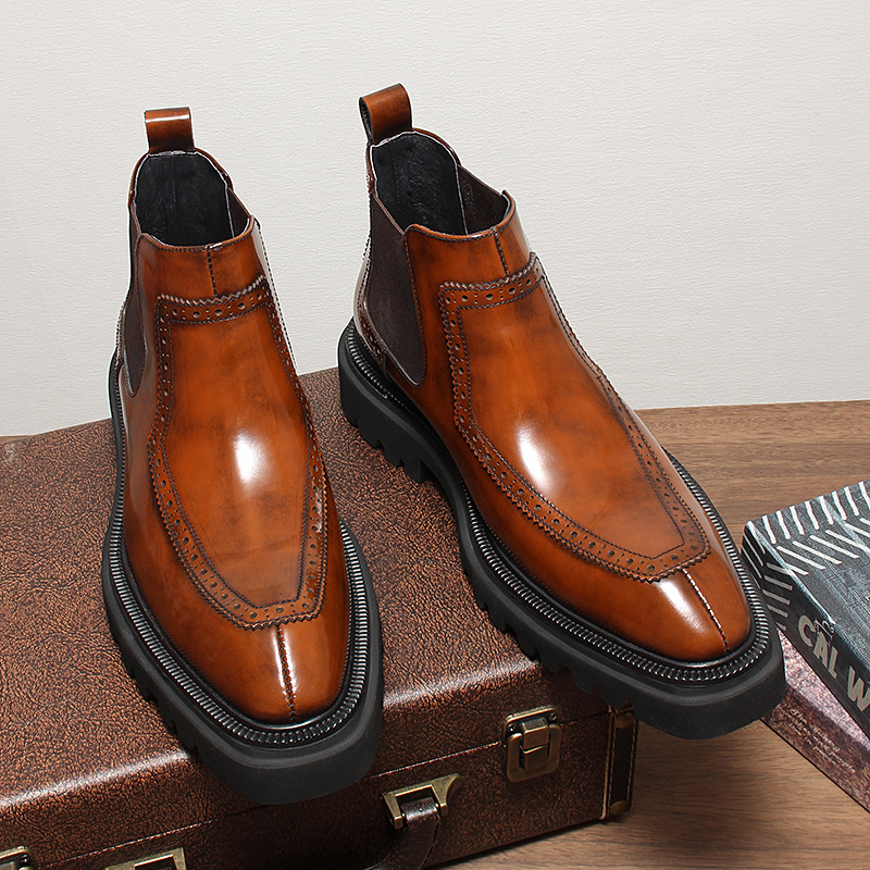 Boot Chelsea nam da bò thật mũi nhọn đế dày tăng chiều cao giữ ấm — Màu đen lót da, Màu nâu lót nhung, Màu nâu lót da