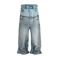 American Style High Street Personality Double Pair Design Jeans Men's and Women's Loose All-match Couple's Straight Pants