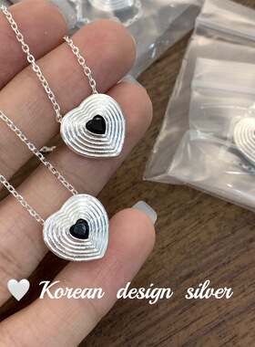 韩国ins爆款网红项饰品 S925纯银爱心形条纹黑钻项链女 小众