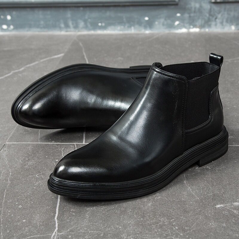 Men’s British Slip On  Pointed Toe Leather Chelsea Boots