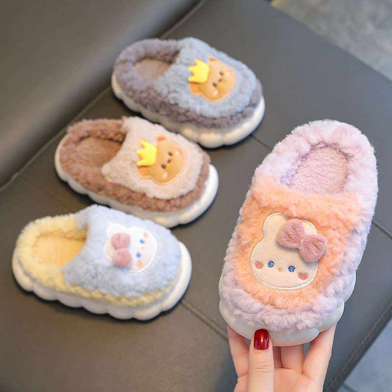 Winter Kidsren's Cotton Slippers for Boys and Girls, Warm, Non-Slip and Velvet, Family Bags and Small Kidsren's Baby Furry Cotton Slippers