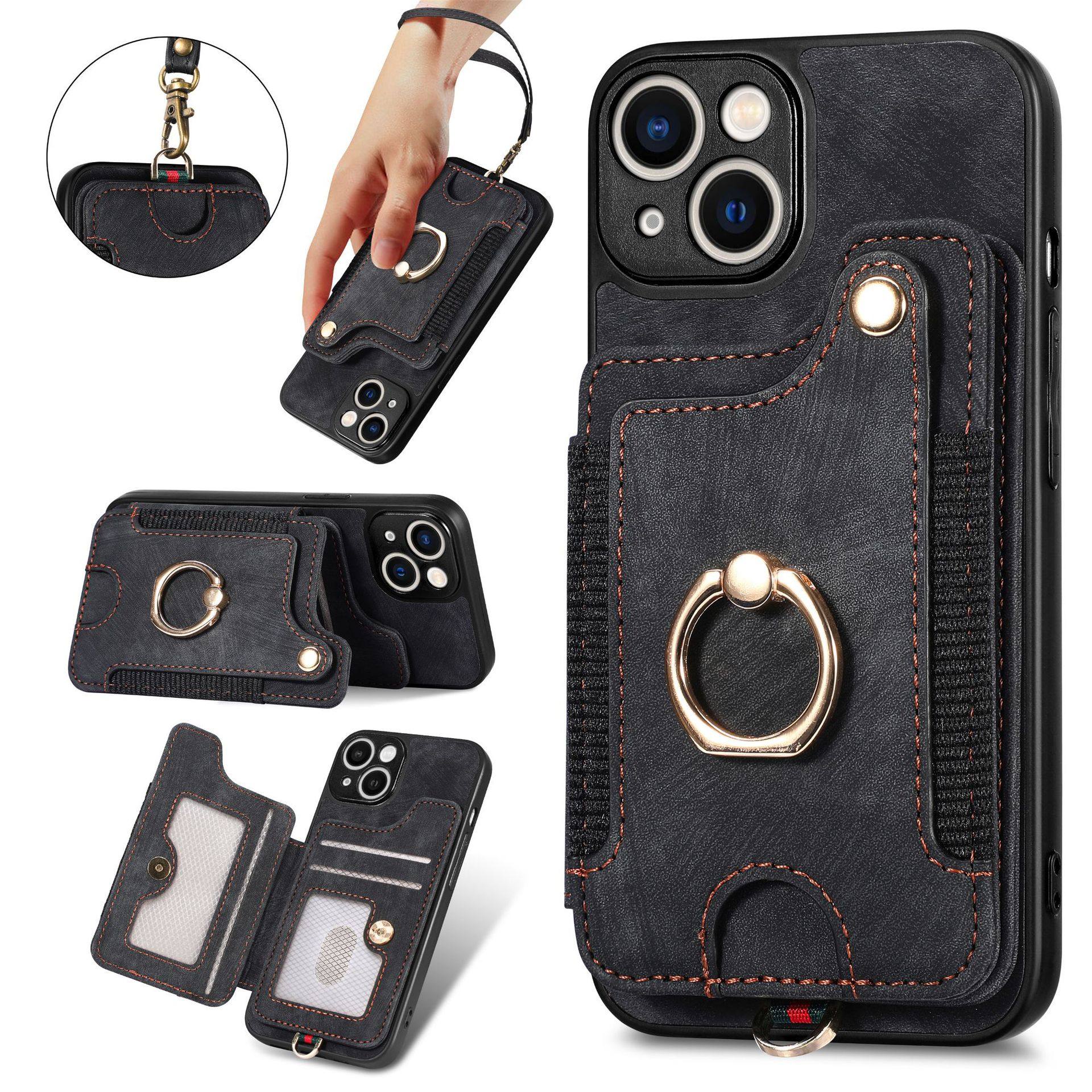 Suitable for Iphone17 Mobile Phone Leather Case Rfid Anti-Theft Brush Ring Buckle Lanyard Multi-Function Card Holder Apple Mobile Phone