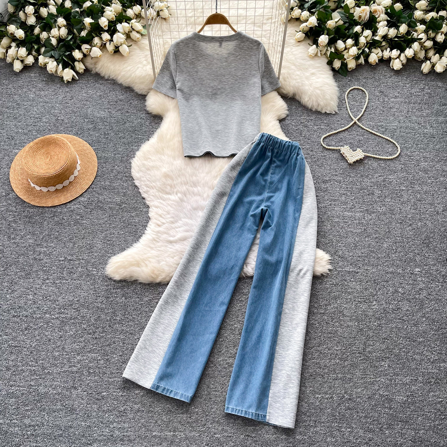 Retro Style Two Piece Set High Waist Wide Leg Pants Relaxed Fit Chic Design Summer Office Wear Wholesale Available