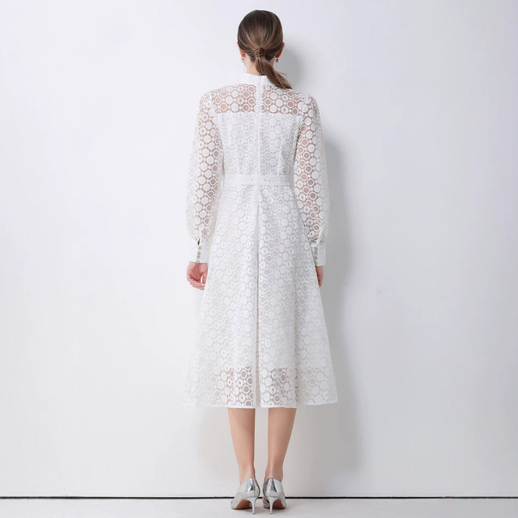 French Vintage Embroidered Mesh Dress High Neck Waist Tie Flared Skirt Elegant Spring and Autumn Wear Wholesale